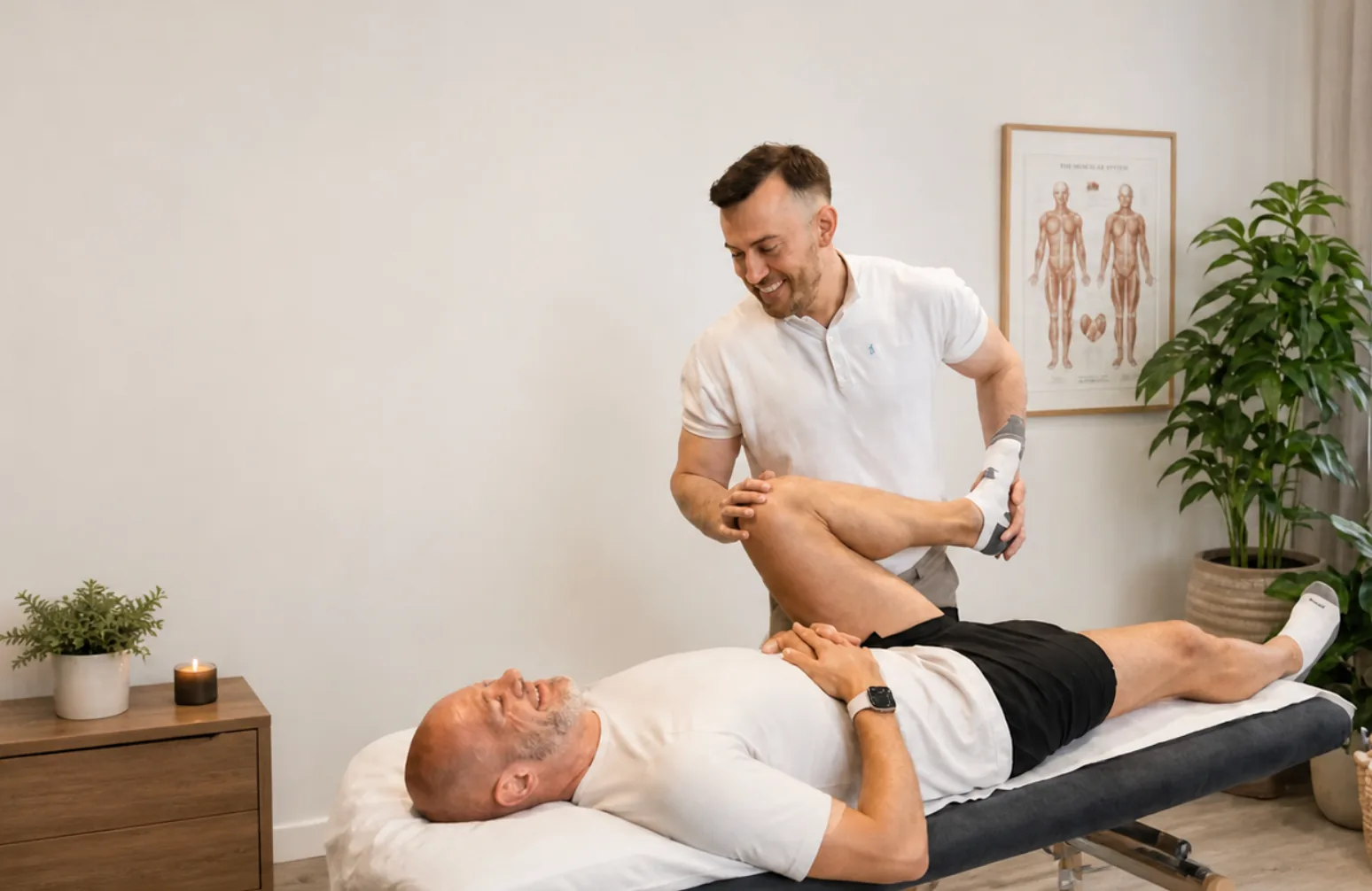 Josh Devine assessing a patient's knee and hip movement